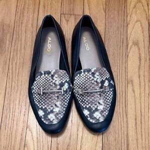 Aldo Black and Tan Snake Print Loafers